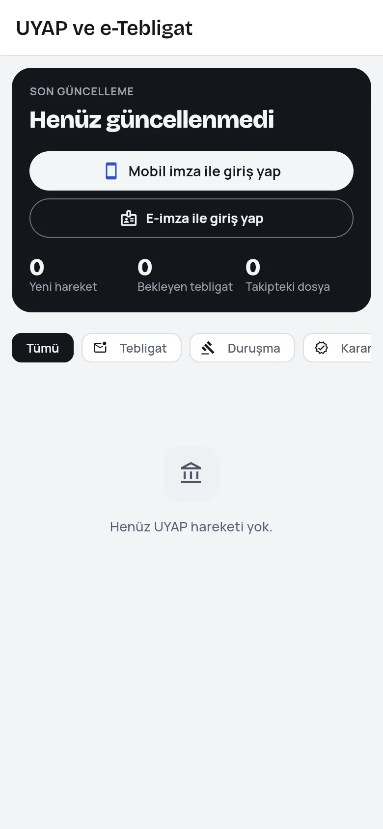 UYAP ekranı: son güncelleme, mobil imza ve e-imza ile giriş